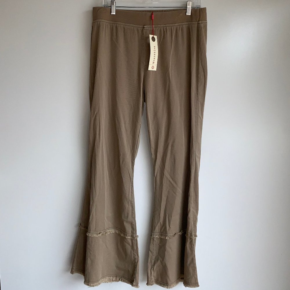 NWT Wearables By XCVI Tan Utility Arrin Pants, Frayed Flared Hem, Size Large